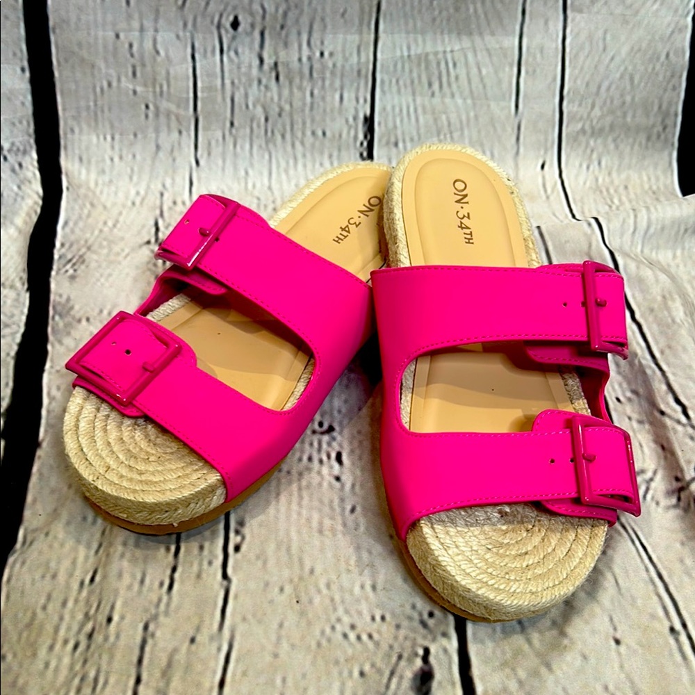On 34TH Hot Pink Buckle Espadrille Slide Sandals Size 7 Like New Condition